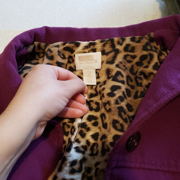 Chico's Coat Womens 2 Orchid Plum Purple Smooth Plush Swing Pea Leopard Print - Picture 2 of 8